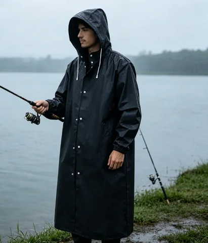 Black Waterproof Long Raincoat Hooded for Men And Women Fashion Adult Rain Coat for Outdoor Hiking Travel Fishing Climbing Thick