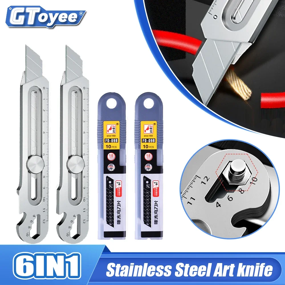 

Stainless Steel 6-in-1 Utility Knife Multifunctional Tail Break Design/Ruler/Bottle Opener Cutting Knife 18mm Blade Tools Holder