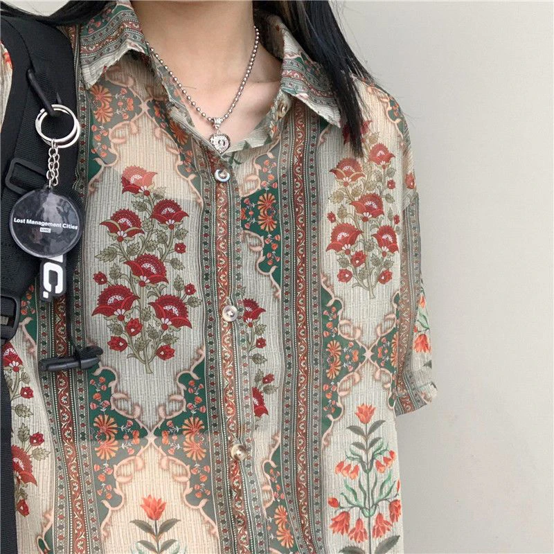 MEXZT Vintage Floral Sheer Shirts Women Harajuku Oversized Short Sleeve Blouses Summer Y2K 2000s Streetwear Print Loose Tops New