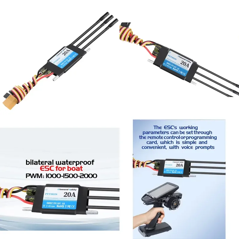 DH Marine Waterproof Brushless Speed Controller 20A-100A 2-4S ESC with 5.5V BEC Dual Connector IP67 Reinforced Concrete