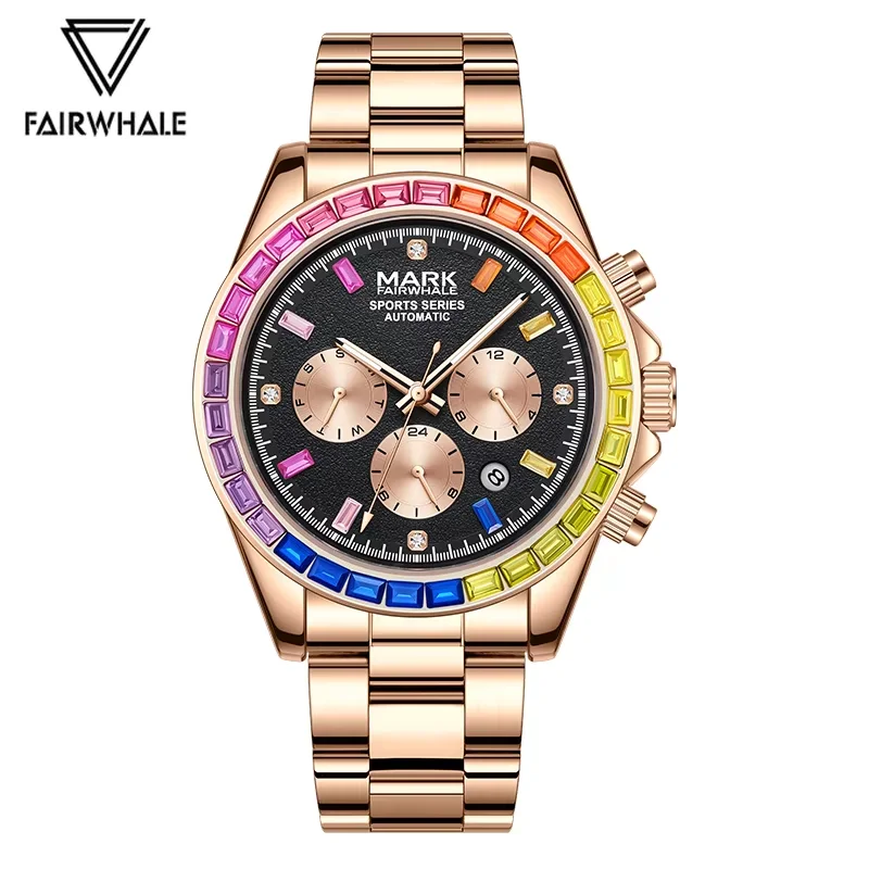 Business Automatic Watch For Men Brand Mark Fairwhale Luxury Steel Fashion Rainbow Diamond Rose Mechanical Watches Male Gift Hot