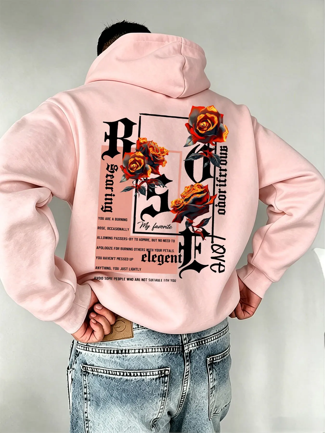 Men's autumn/winter hooded sweatshirt featuring graffiti-style lettering and English phrases; a trendy, unisex design.