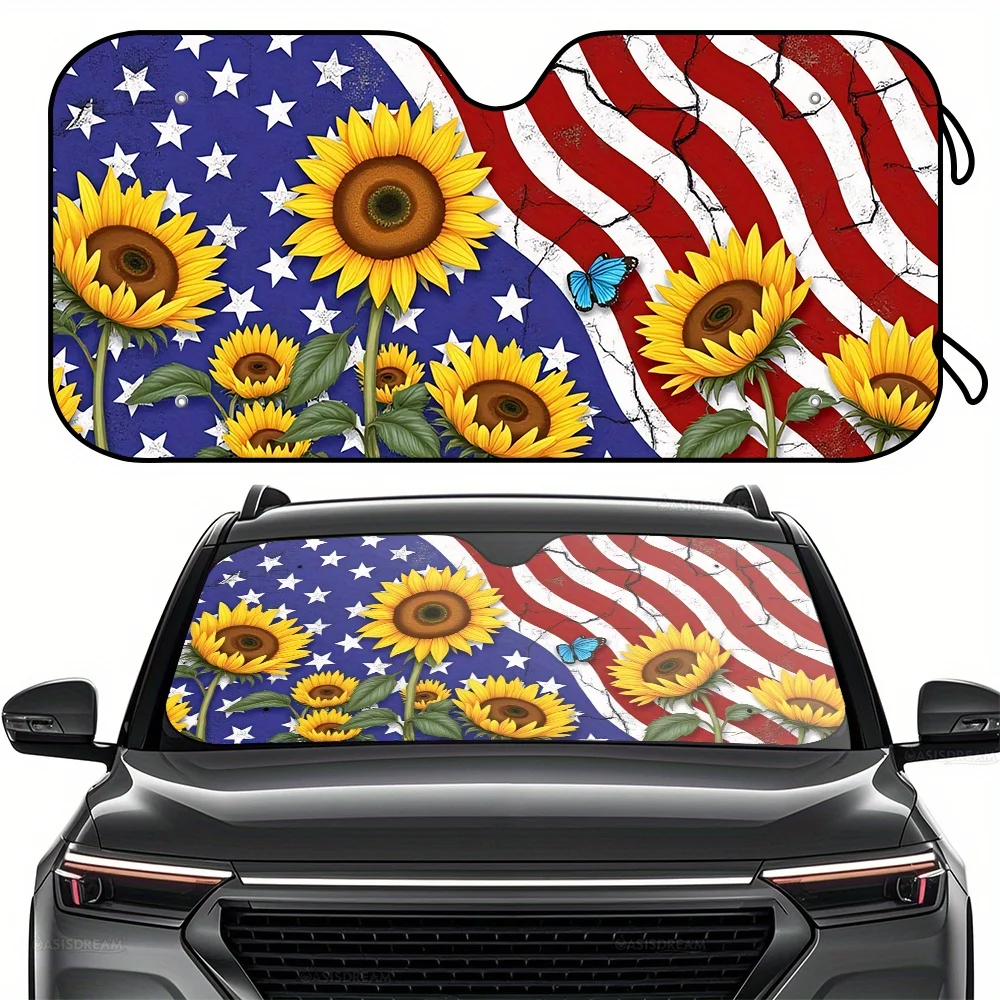 

1pc ADIFFLY RV Sunshade Front Windshield Sun Shade - Patriotic American Flag & Sunflower Design, 144.78cm X 69.85cm Foldable Fit