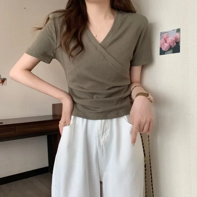 New Summer Korean Fashion Casual Cross V-neck Women's T-shirt Short Sleeve Slim Bottoming Shirts Crop Top Youthful Woman Clothes