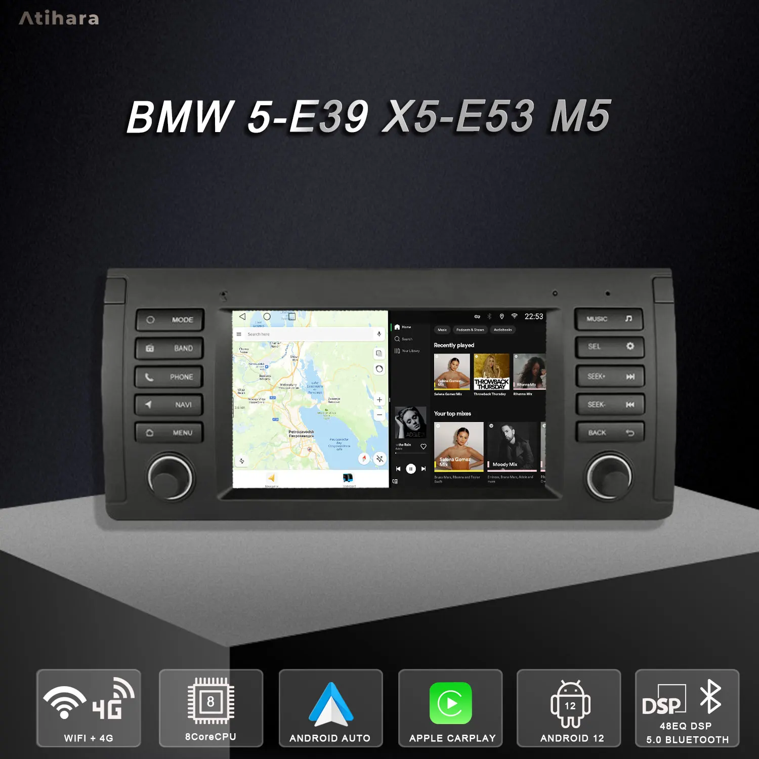 

Atihara 7" Carplay Android Auto Car Radio For BMW 5-E39 X5-E53 M5, 2Din 4G Wifi Multimedia Player Audio GPS RDS 48EQ-DSP Stereo