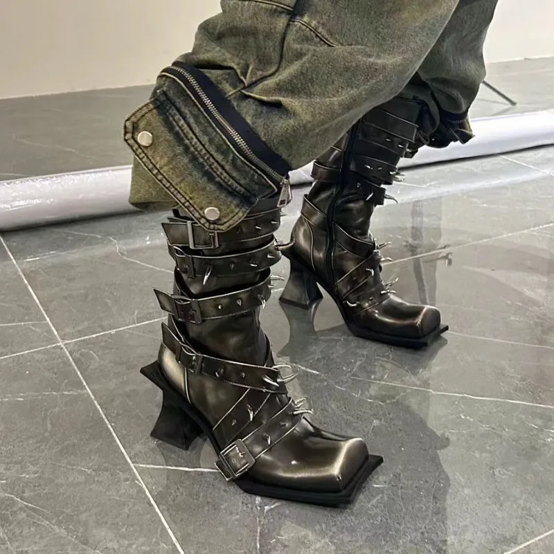 New Punk Gothic Y2K Women Knee High Knight Boots, Harajuku Square Toe Irregular Heel Rivet Strap Side Zipper Fashion Tall Boots