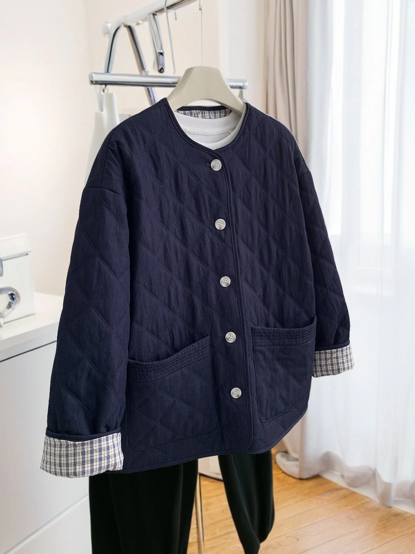 

Blue Diamond Pattern Splicing round Ne Single Button Cotton Jaet Men Women Autumn Winter Retro Warmth Cosite Cotton Cl...