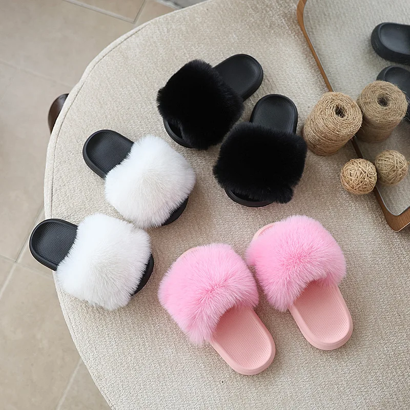 New EVA Children's Fur Slippers for Autumn Winter Anti Slip Warm Suitable for Children's Babies Wearing Girls' Slippers Outside