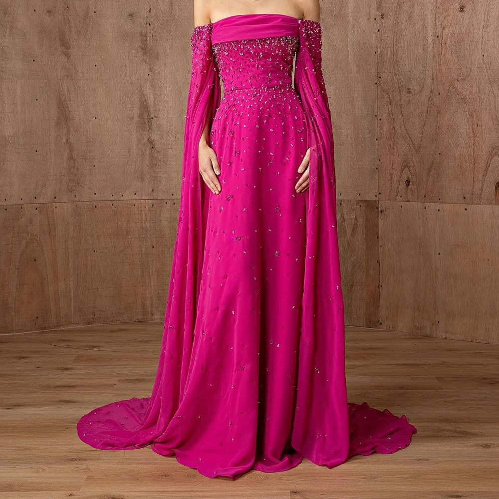 

Exquisite Crystal Off the Shoulder Chiffon Evening Dresses Fashion A-Line Floor Length Boat Neck Long Sleeves فساتين سهرة