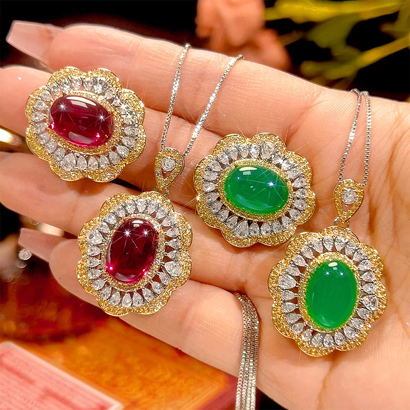 

New autumn and winter jewelry set with gold-plated copper and red corundum, featuring a 10*14 main stone