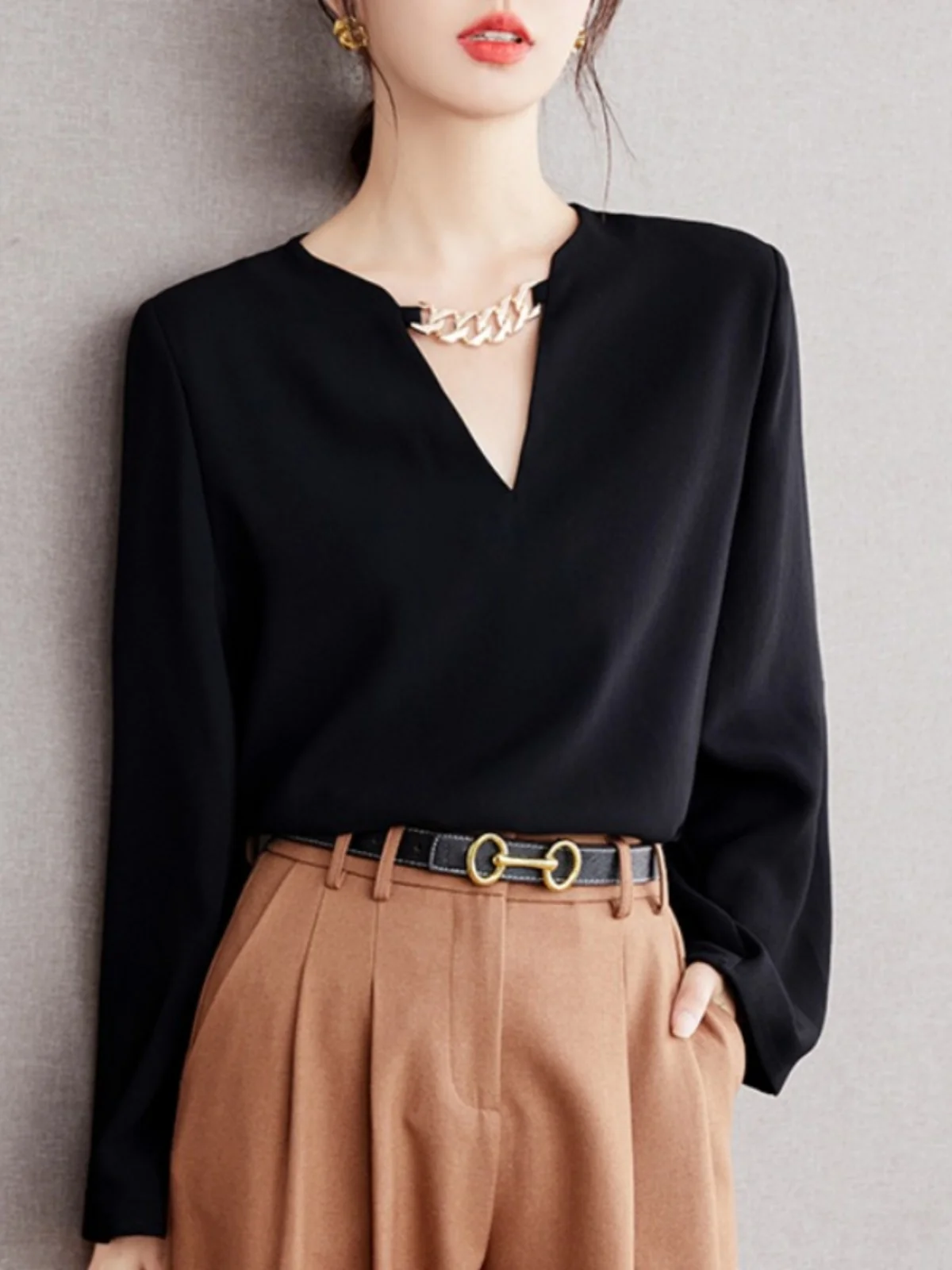 

Ele Bla Chain Detail Women's Long Sve awlette irt Design Sense Midi Dr Autumn Commute Sle Polyester Fiber