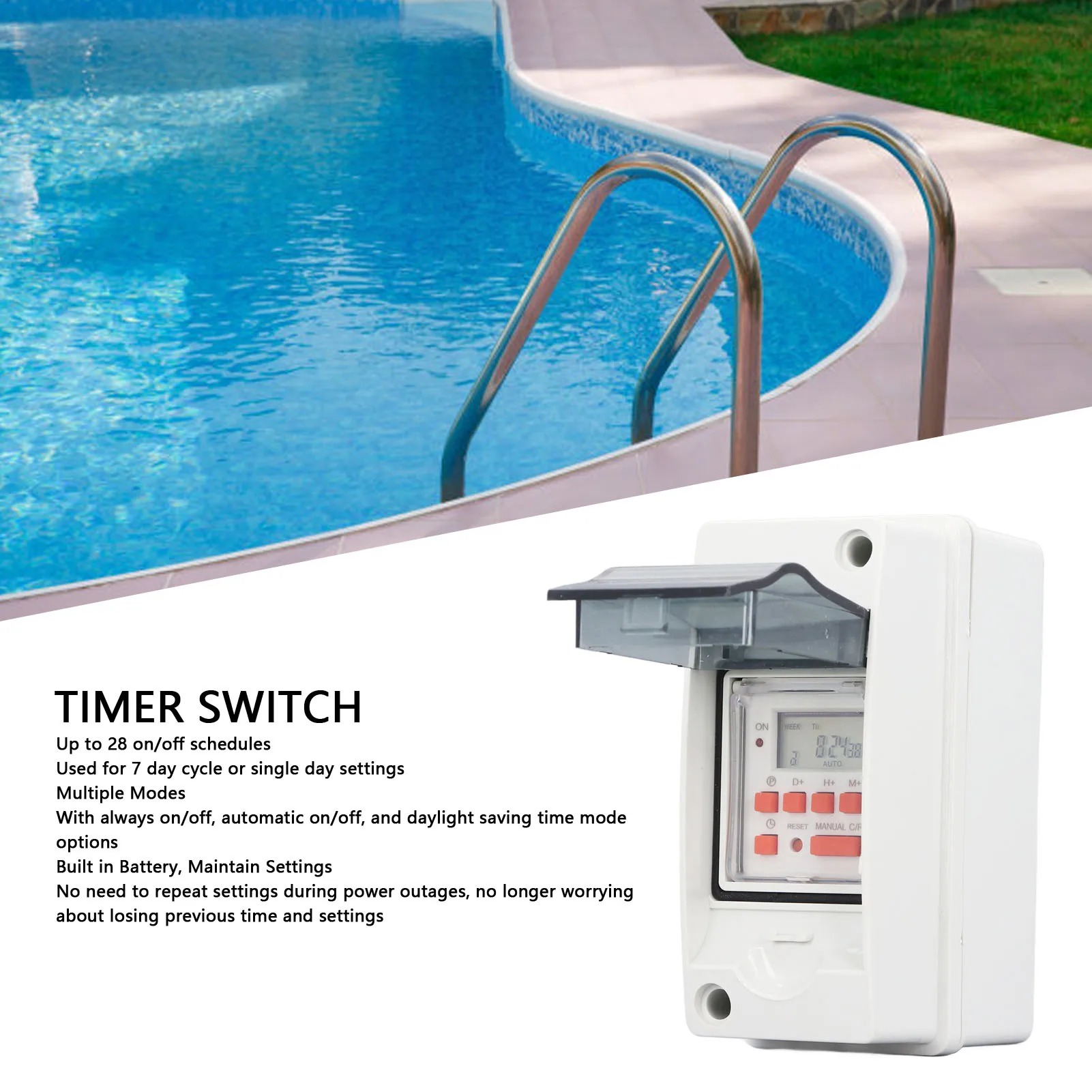 Timer Switch Digital Timer SPDT 7 Day Schedules Waterproof AC85-265V LCD Screen 28 On Off Times Programmable for Water Heater