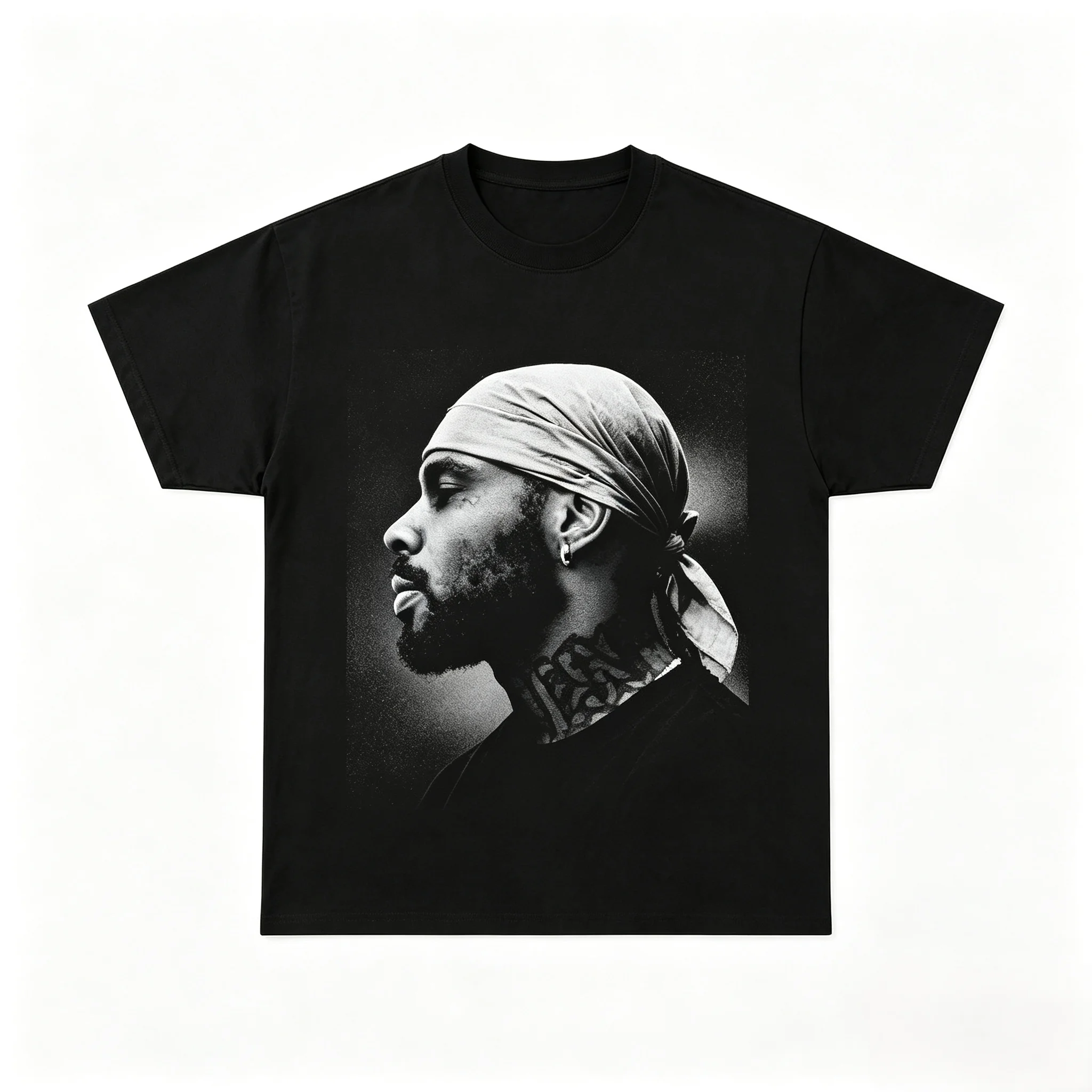 Unisex Vintage Black White Side Profile Man With Durag Neck Tattoo Graphic T-Shirt Men Women Hip Hop Portrait Streetwear Crew Neck Short Sleeve Casual Tee