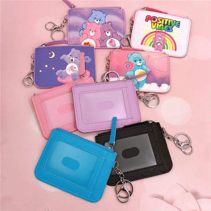 Kawaii Care Bears Holder Coin Purse Cartoon New Pu Anti-Lost Credit Card Work Id Badge with Key Ring Pendant Card Holder Wallet