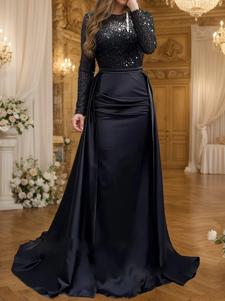 Glamoureuze avondjurk met pailletten voor dames, ronde hals, goud, lange mouwen, ruches, gelaagde bodycon, formele galajurk, maxi-jurken voor bruiloften