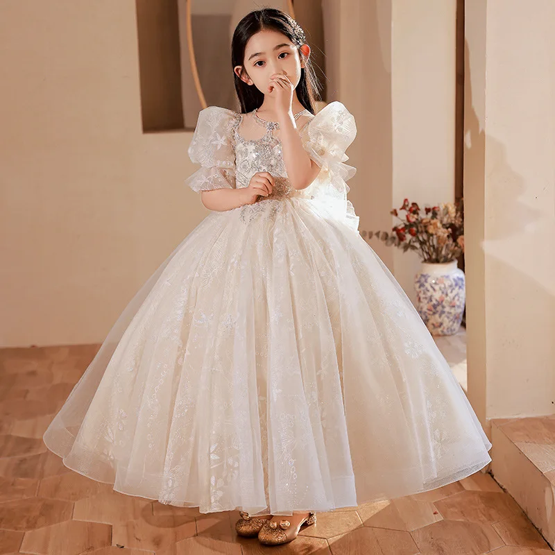 Children\'s Dress for Girls 3-14 Year Light Champagne Mesh Princess Dress Flower Kids Wedding Host Piano Performance Formal Dress