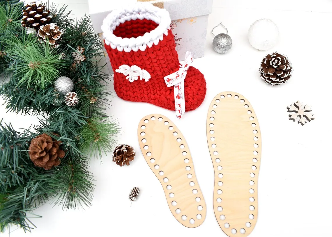 2pcs Wooden Shoe Sole Base: Crochet Christmas Boot Basket diy christmas decorations