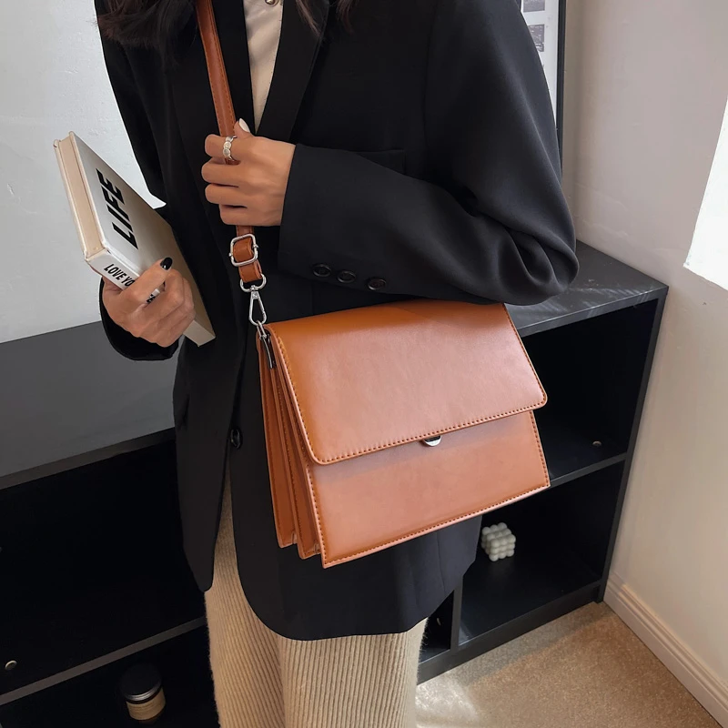 Vintage Fashion Business Bags For Women Double Strap Pure Color PU Leather Shoulder Crossbody Bag 2022 Designer Bags Luxury Tote