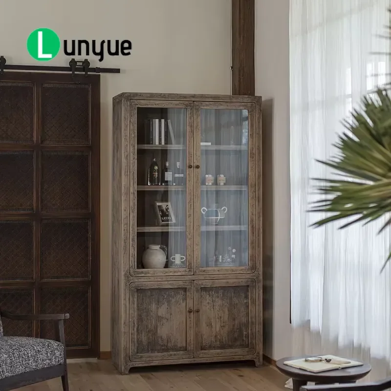 Solid Pine and Glass Cabinet Rustic Eco Friendly Living Room Furniture Home Storage Display Cupboard for Modern House Decor