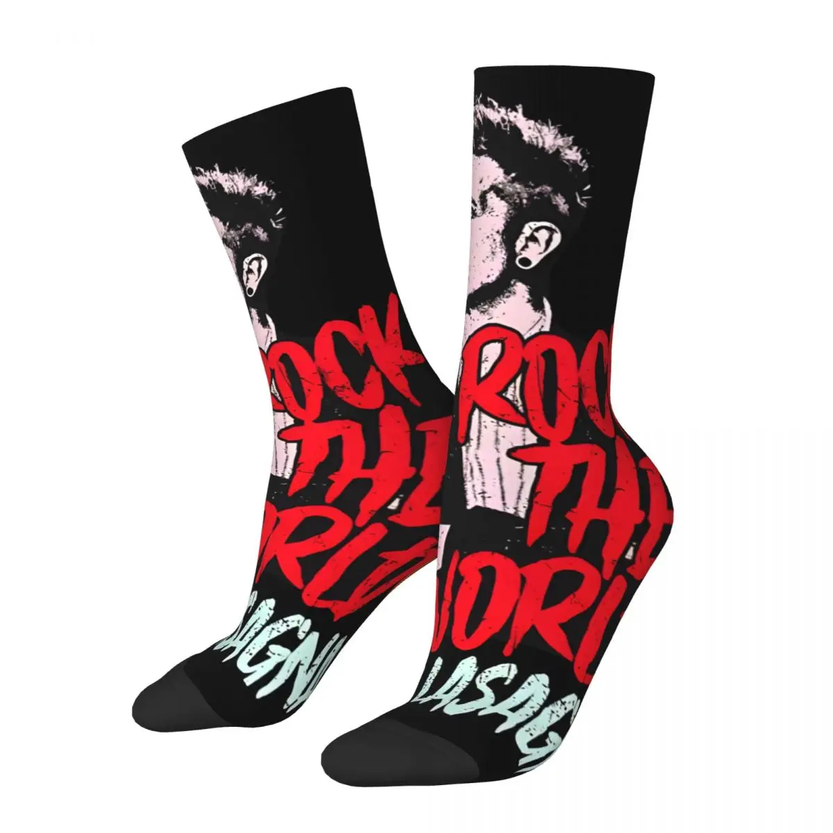 Men's Retro Rock The World Meias de Compressão, Unisex, Lasanha Bebê, Padrão Harajuku Impresso, Novidade Crew Sock