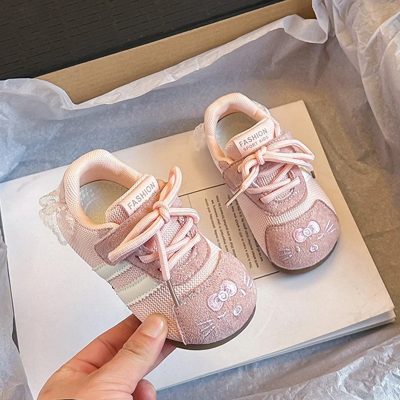 Little Girls Cute Cat Embroidery Sneakers, Lace Trim Hook and Loop Toddler Casual Walking Shoes Spring Autumn