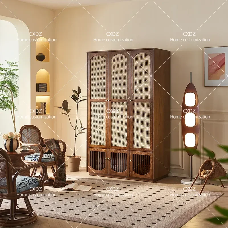 Medieval Rattan Solid Wood Wardrobe Large Capacity Multi-Specification Storage Cabinet with Multi-Functional Partition for