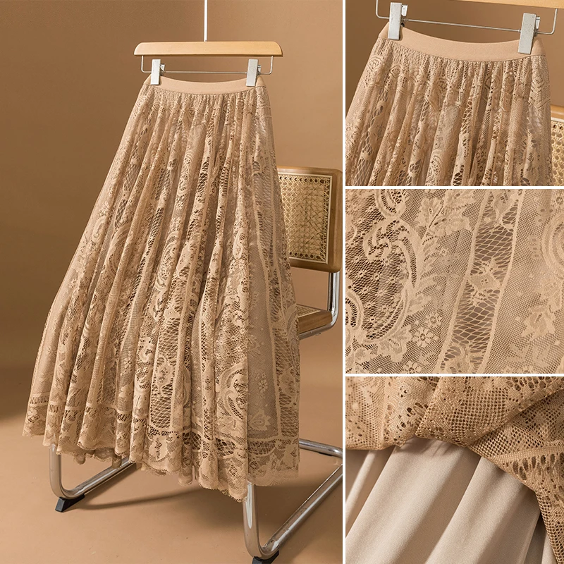 Faionable Großer Retro-Spitzen-Druck, hauchdünner A-Linien-Rock, Sommer, locker, schlankmachend, altersreduzierend, hohe Taille, Polyesterfaser