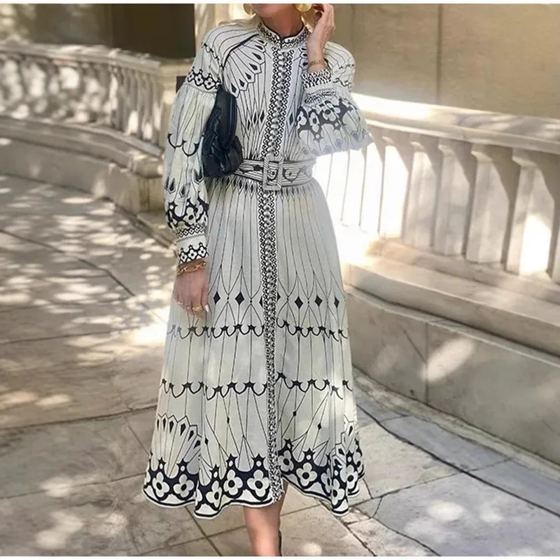 

Fashion Vintage Print Dresses Women 2025 Spring Summer Stand Collar Lantern Sleeve Belt Single Breasted Dress Female Vestidos