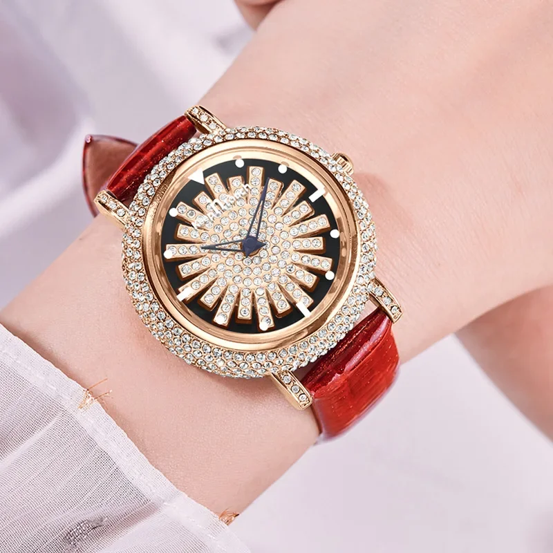 Fashion Women Watches Unique Rotatable Dial Rose Gold Watches for Women Rhinestone Luxury Top Brand Quartz Ladies Watch Gift