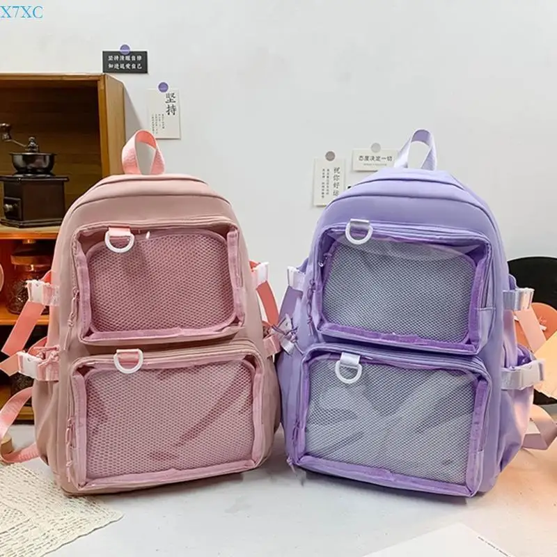 X7XC Large Capacity Backpack Anime Pin Display Transparent Shoulder School Bag Itabag