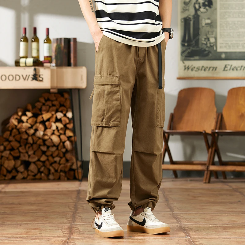 

Мужские хлопковые свободные брюки-карго, повседневная уличная одежда, свободные широкие рабочие брюки в японском стиле с несколькими карманами и эластичной резинкой на талии