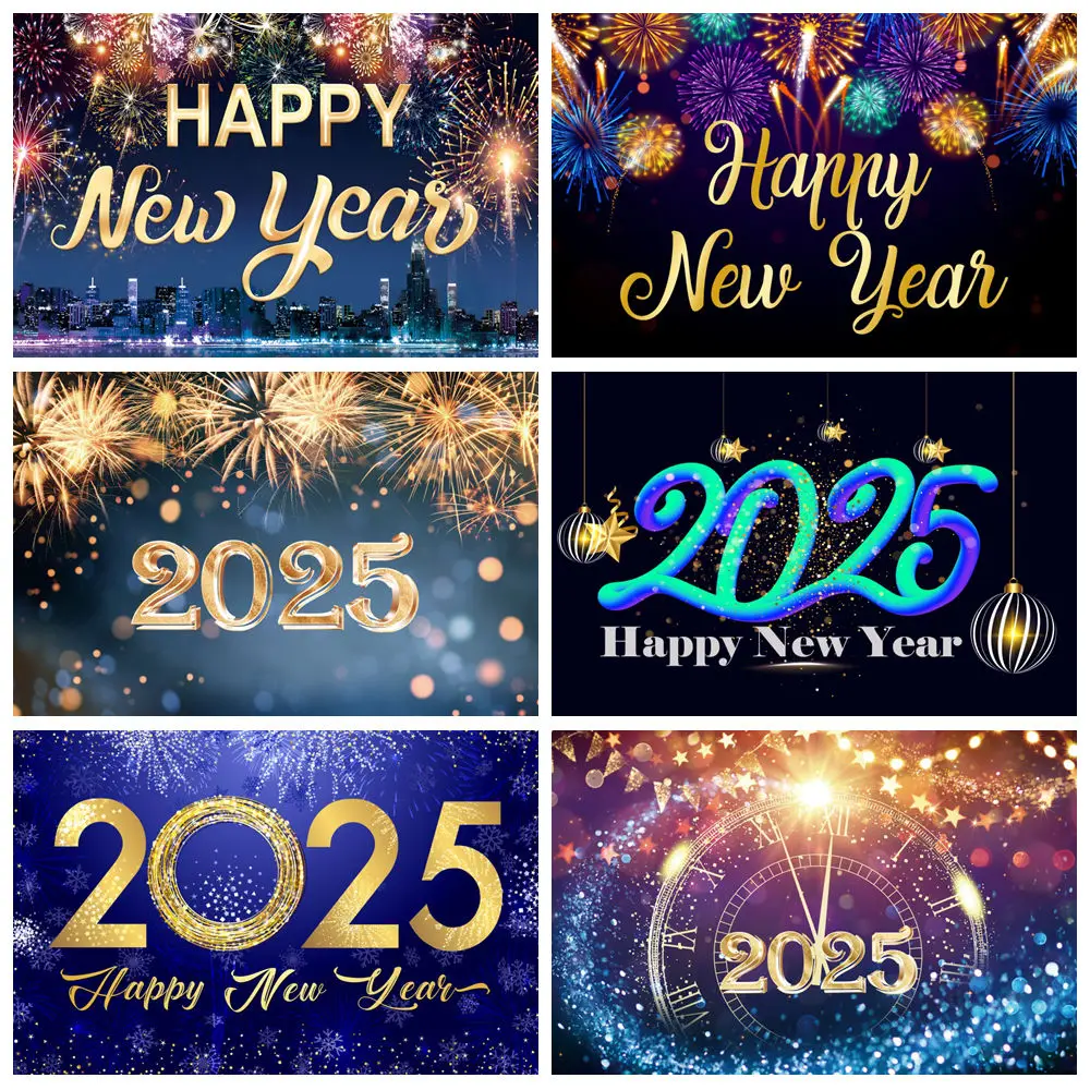 

Happy New Year 2025 Photography Backdrop New Year's Eve Fireworks Gold Balloons Family Party Background Decor Photo Studio Props