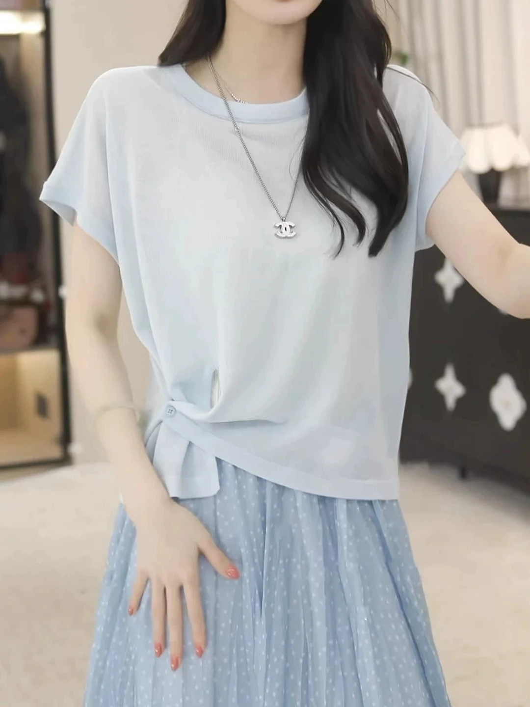 

Design Sensation Asymmetric Knitted Short Sleeve T-Shirt Women's plus Size Slimming Waist Design Summer Fashion Top