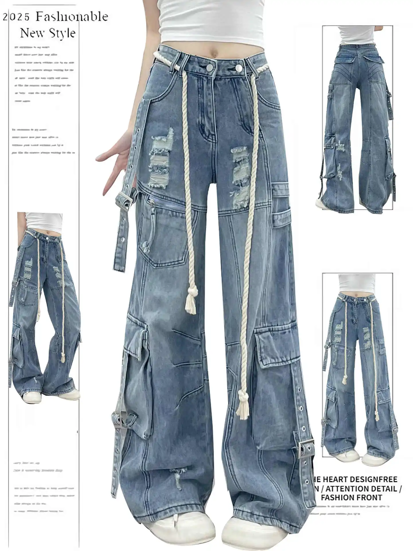 

Women's Blue Y2k Baggy Ripped Jeans Harajuku Vintage Denim Trousers Japanese 2000s Style Cargo Jeans Pants Oversize Clothes 2025