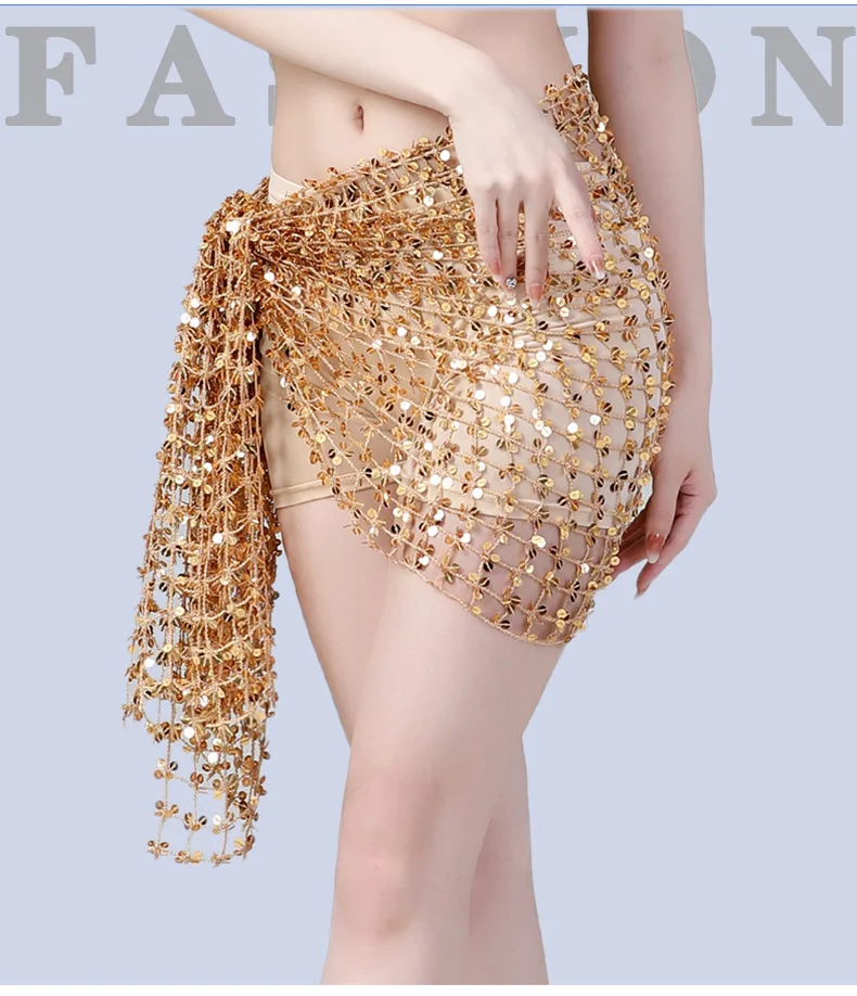 New Dance Hollow Waist Chain Belly Dance Sequin Water Velvet Square Towel Practice Hip Scarf Performance Waist Seal Waist Scarf