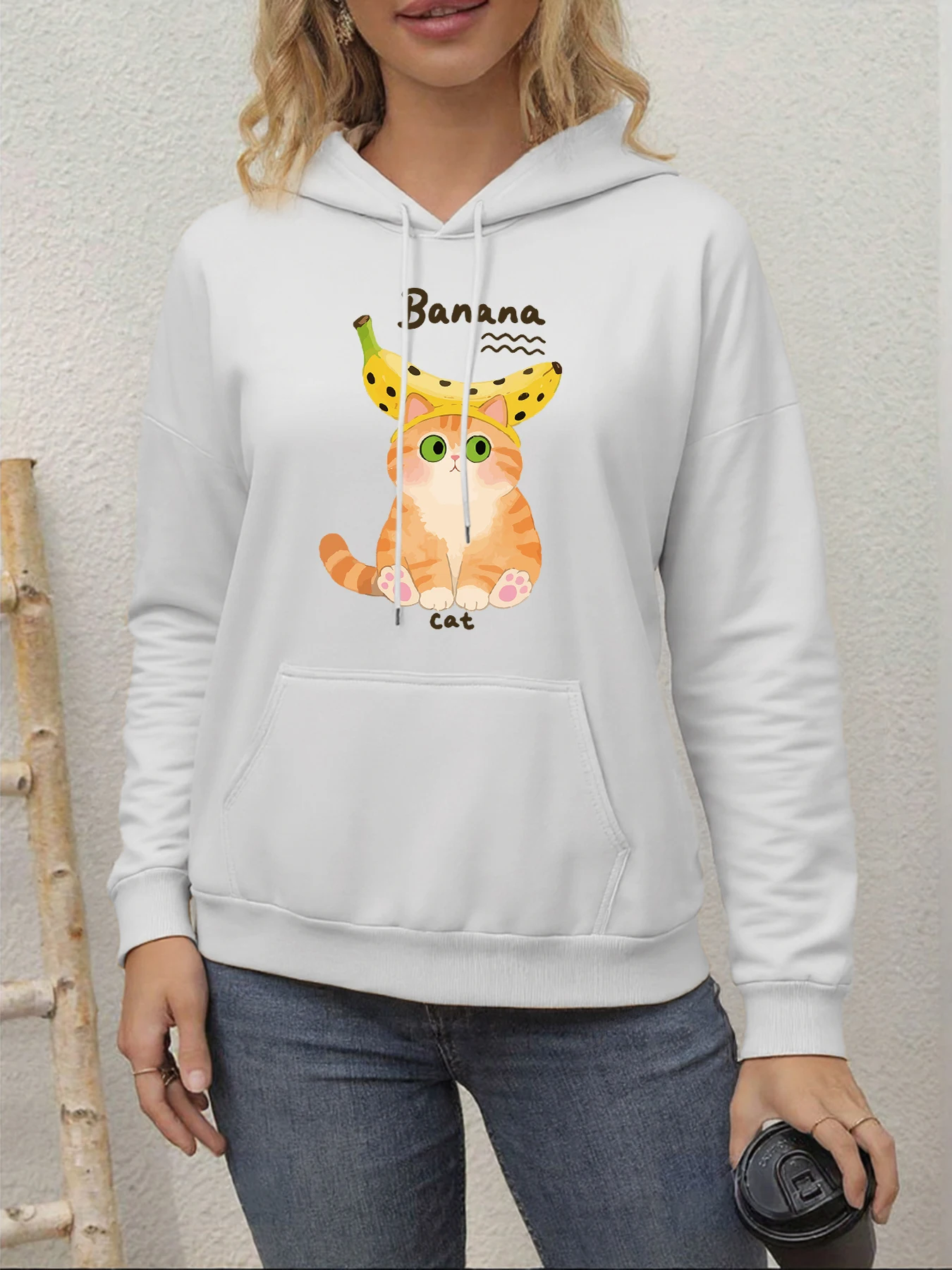 Süße Katze mit Bananenhut-Aufdruck, Hoodies für Damen, Street-Hoodie mit Rundhalsausschnitt, Fleece, All-Match-Sportbekleidung, Hipster-Herbstkleidung