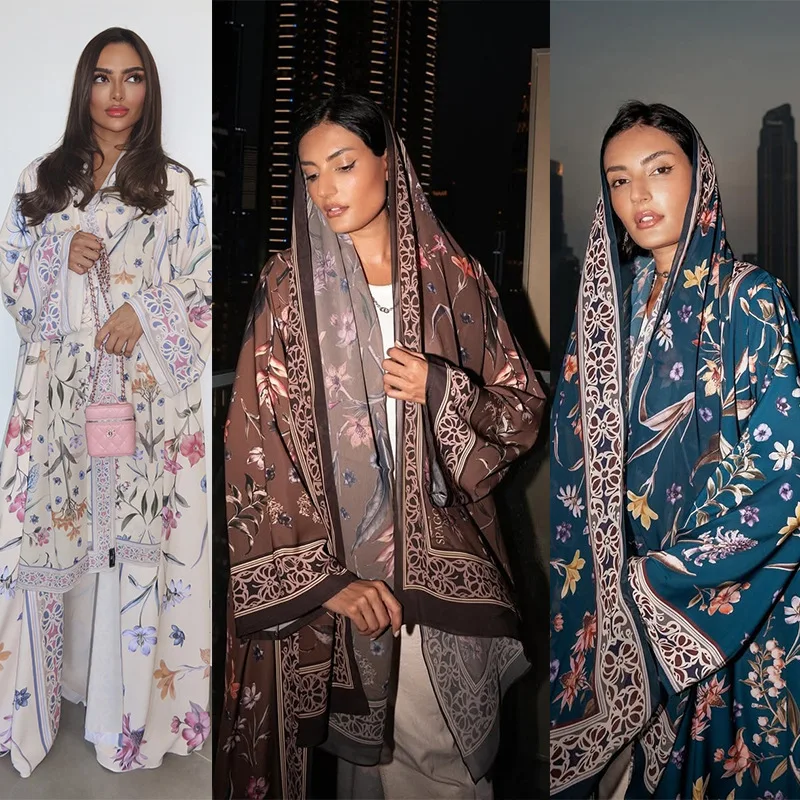 

Dubai Muslim New Fashion Women's Printed Elegant Casual Trendy Basic Daily 2 Pieces Sets Long Sleeve Abaya Cardigan Hijab Female