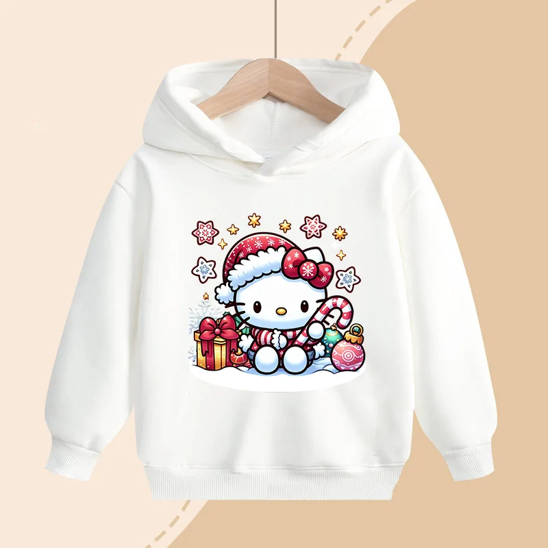 Bluzy z kapturem dla dzieci Sanrio Hello Kitty, z nadrukiem świątecznym, swetry dla dziewczynek, ciepłe i wygodne na zimę, prezenty dla dzieci.