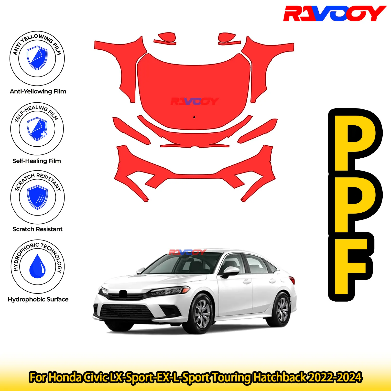

For Honda Civic LX-Sport-EX-L-Sport Touring Hatchback 2022-2024 Glossy Matte Black Precut front PPF Kit Paint Protection Film
