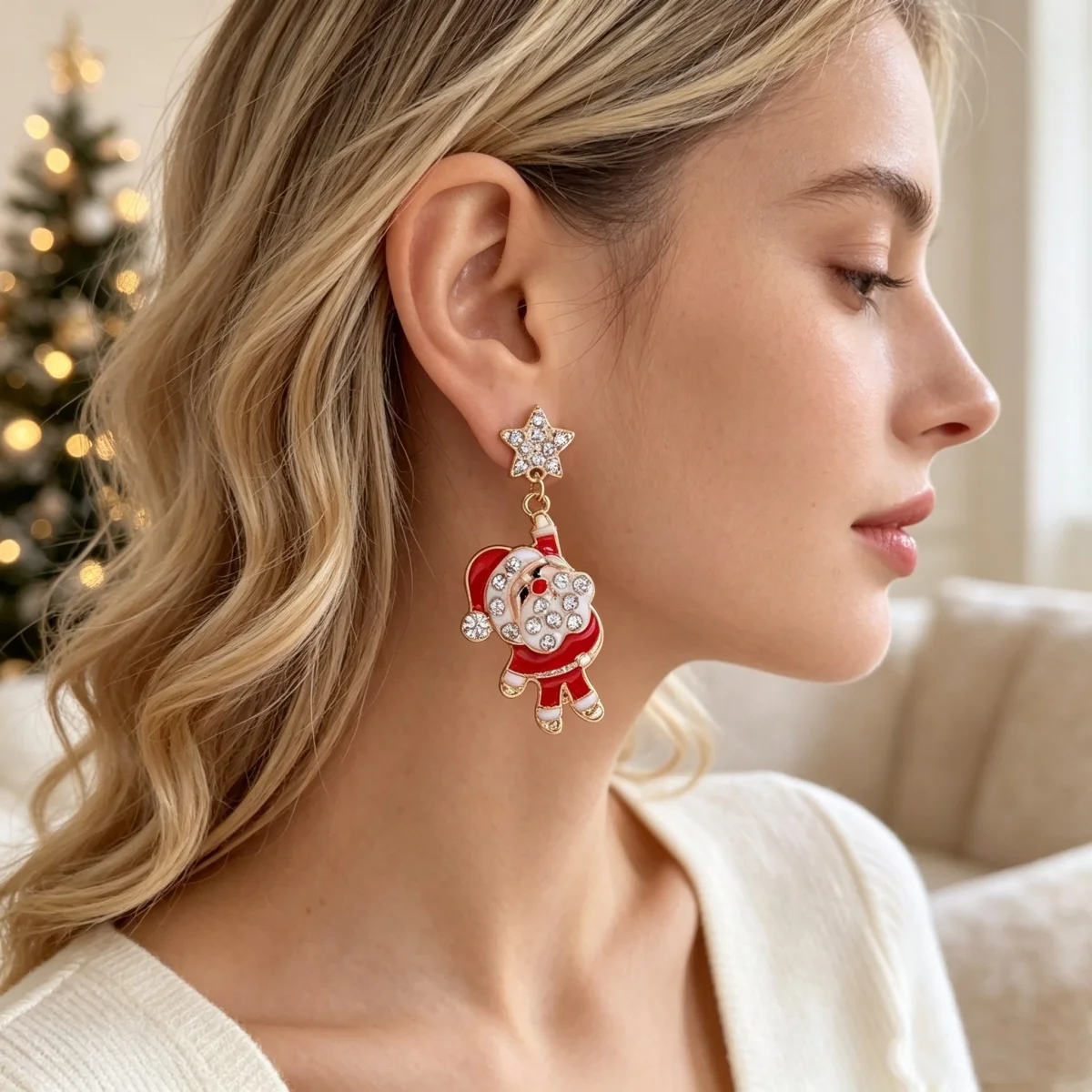 Weihnachts-Strass-Stern-Weihnachtsmann-Ohrhänger für Damen, modische rote Schleifen-Weihnachtsstangen-Weinglas-Socken-Ohrringe, Neujahrs-Schmuck – Detail 8