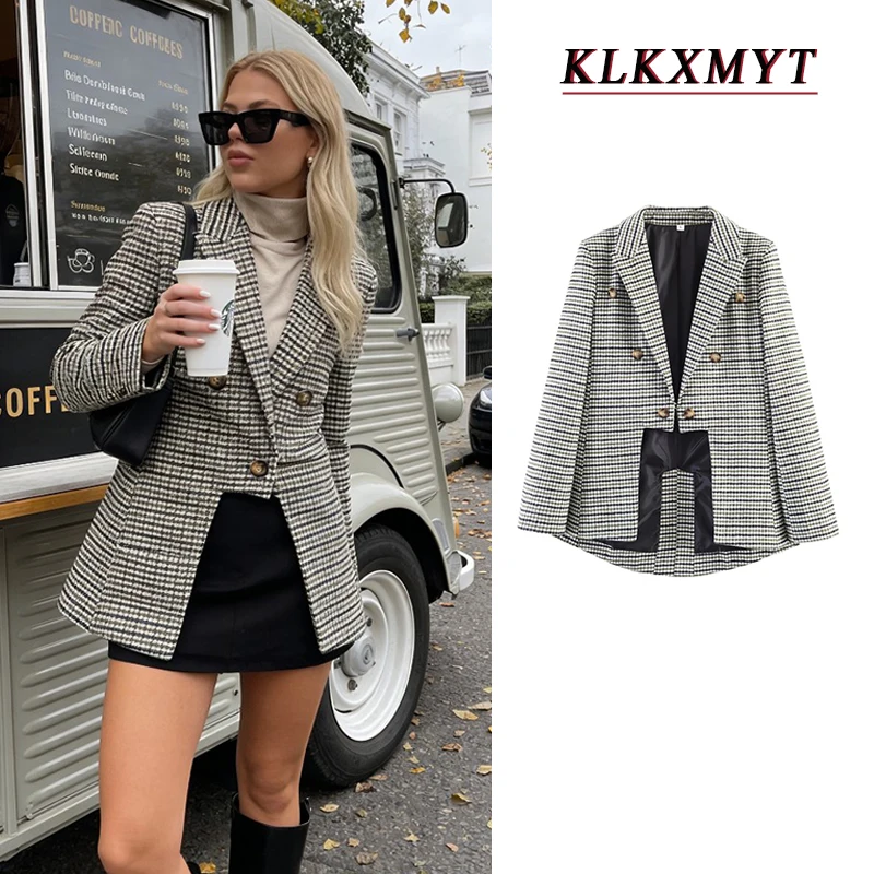 

Женский модный клетчатый асимметричный пиджак с длинным рукавом, элегантный уличный блейзер, верхняя одежда для весны и осени, пальто