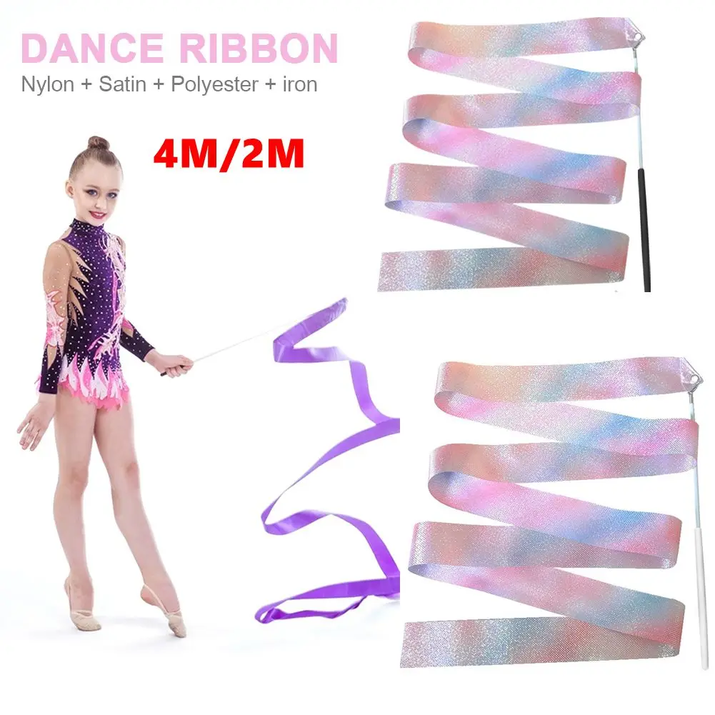 2/4M Flashing Dance Ribbon with Wand Colorful Gymnastic Ribbon Multifunction Sparkling Dance Ribbon Aesthetic for Talent Shows