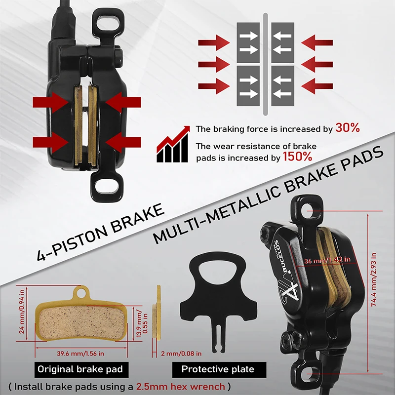 BUCKLOS Juego de frenos de apagado de E-BIKE de 4 pistones, juego de frenos hidráulicos para patinete de 1150mm y 1950mm, piezas de juego de frenos hidráulicos para bicicleta con rotor de 160mm