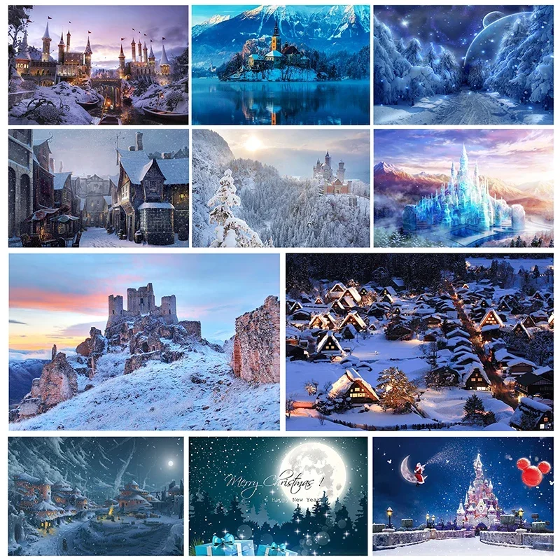 5x3ft/7x5ft Christmas Snow Castle Theme Vinyl Photography Background Cloth Photo Poster Print Xmas Home Backdrop Art Decoration