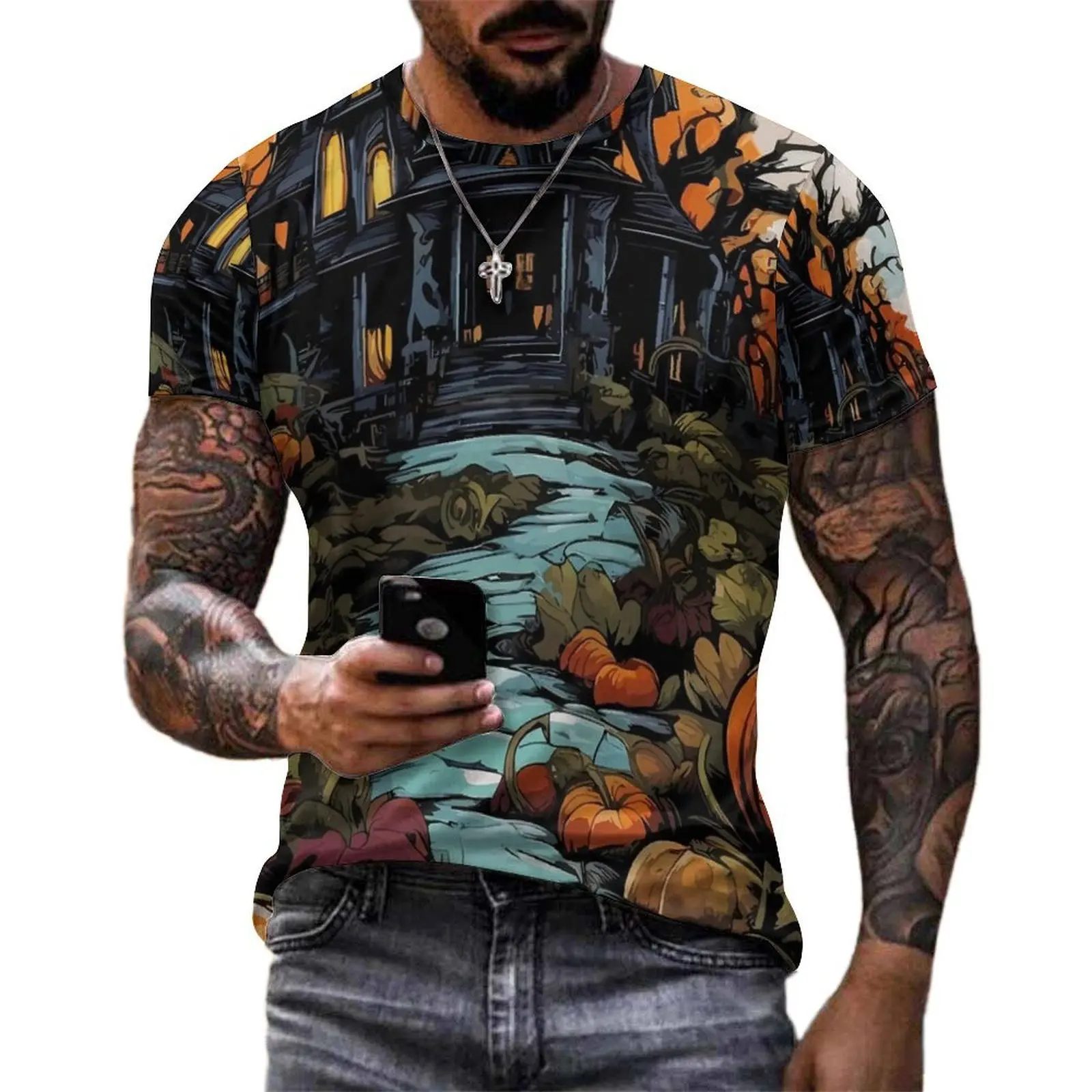 Vegan Haunted Mansion T-Shirt Spooky Halloween Mens Fashion T Shirts Summer Tee Shirt Short Sleeve EMO Casual Oversize Clothes