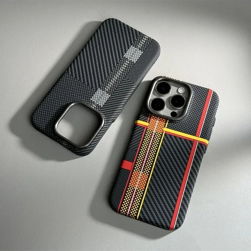 For iPhone 16 15 14 Pro Max Case Carbon Fiber Abstract Geometric MagSafe Cover Magnetic Charging Shell Camera Alloy Armor Fundas