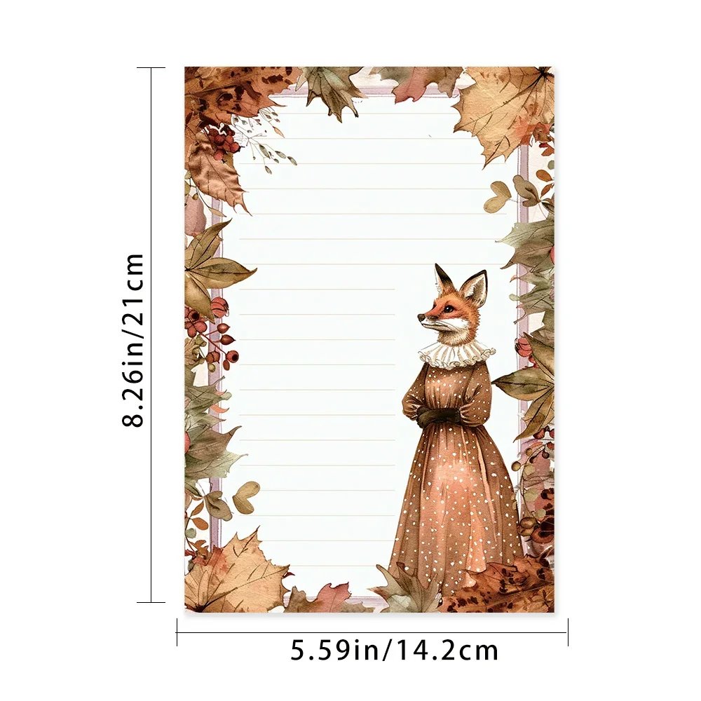 50 Sheets, Watercolor Autumn Fox Miss themed Writing Paper, Lined, Glue-free, Great for Notebooks, Memos, and Stickers