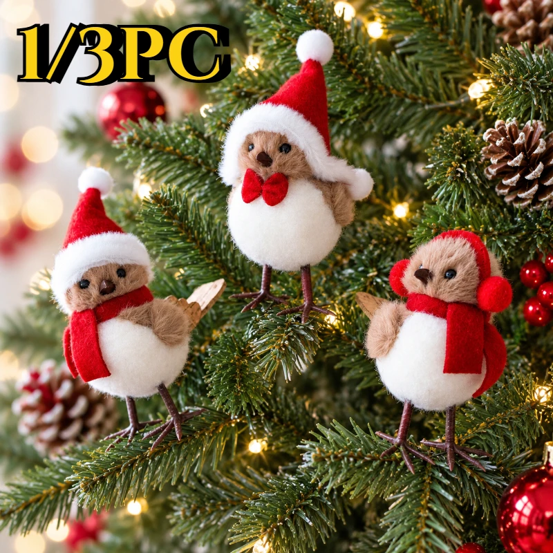 1/3PC Christmas Simulation foam Bird Red Hat/Scarf Bird Christmas Tree Decoration Festival Atmosphere Decoration Festival Gift