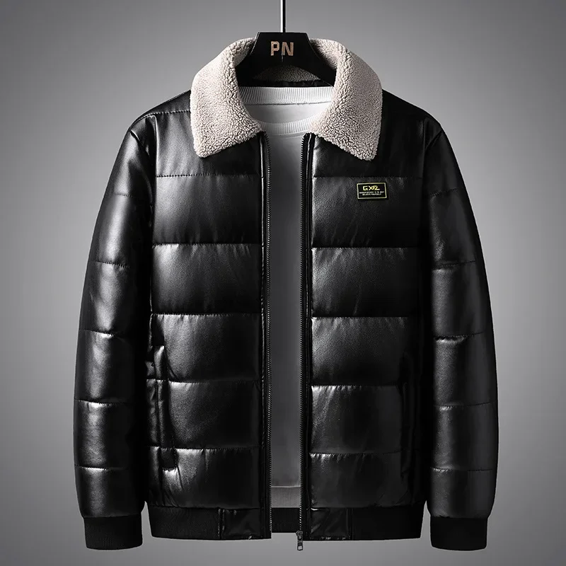 PU Parkas Men Winter Warm Padded Jackets Thick Lambswool Collar Jacket Coat Fashion Casual PU Jacket Outdoor Outerwear Male