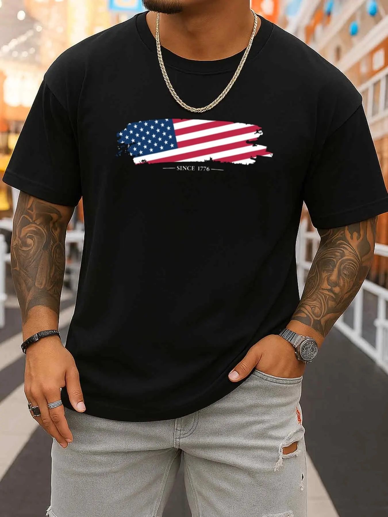 American Flag Print Men's Fun T-Shirt, Black Limited Edition, New Summer Style, Spring and Autumn Fashion Print Short Sleeves, Breathable Fabric, Round Neck Design, Ideal Father's Day Gift